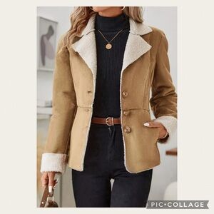 NEW Gorgeous Tan Blazer with Sherpa Cream Lapel & Cuffs. Warmly Lined Size L